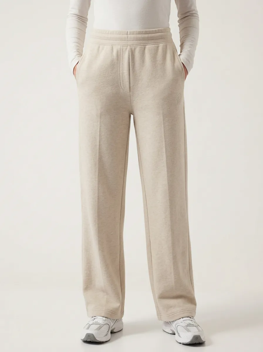 Women's Minimalist Solid Beige Plain Printed Sweatpants