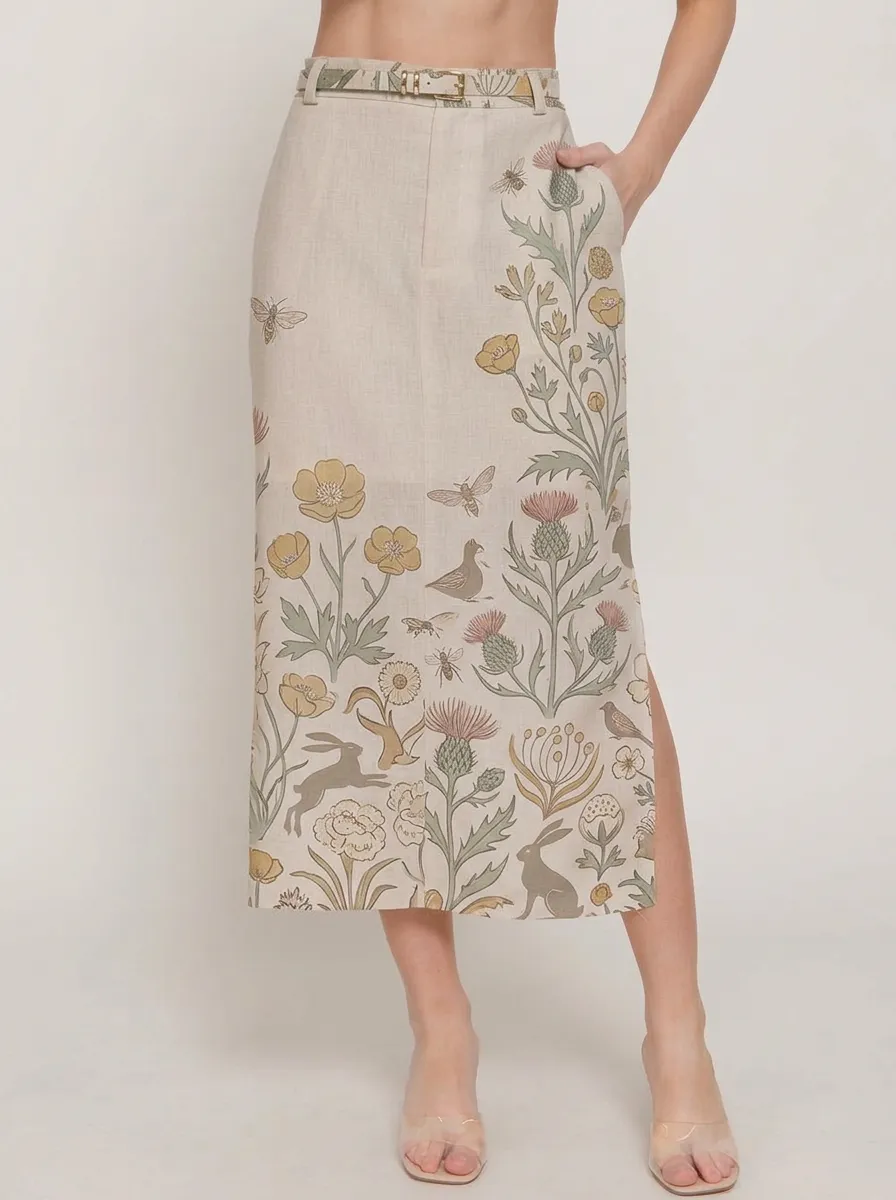 Women's Nature-Inspired Rabbit Bee Thistle Floral Printed Midi Skirt
