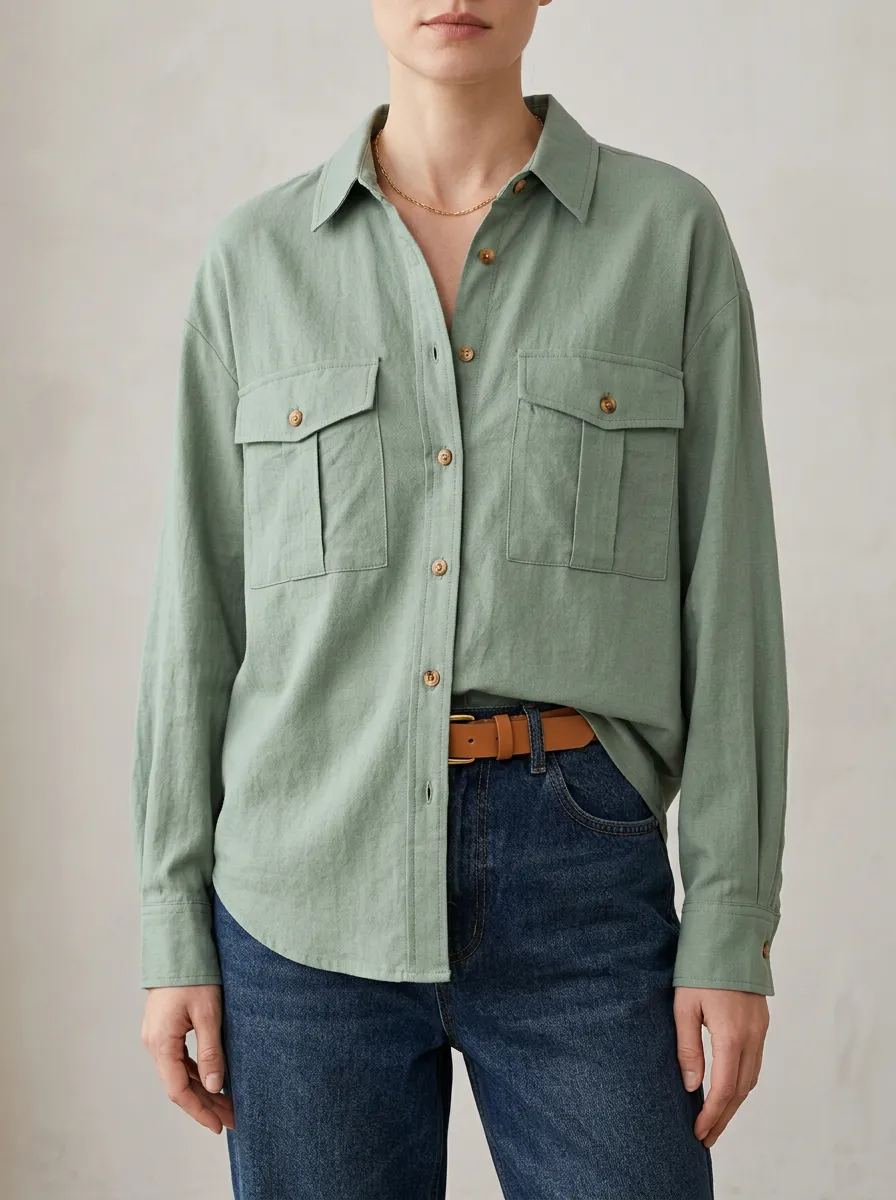 Women's Casual Sage Green Button Down Utility Shirt