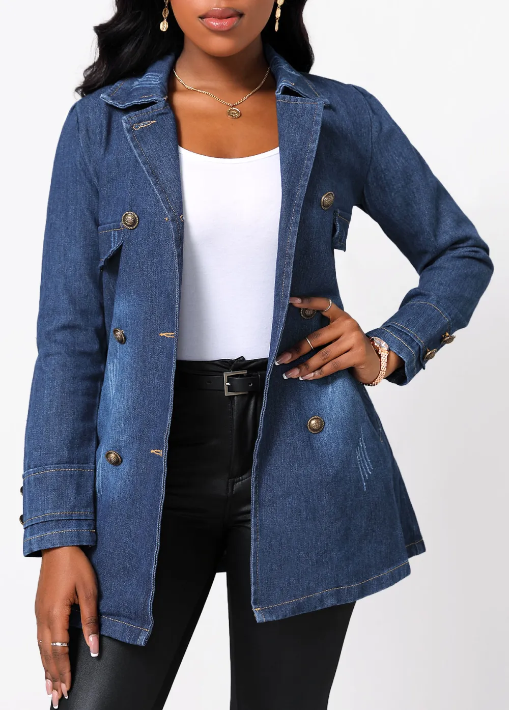 Denim Blue Button Long Sleeve Lapel Jacket