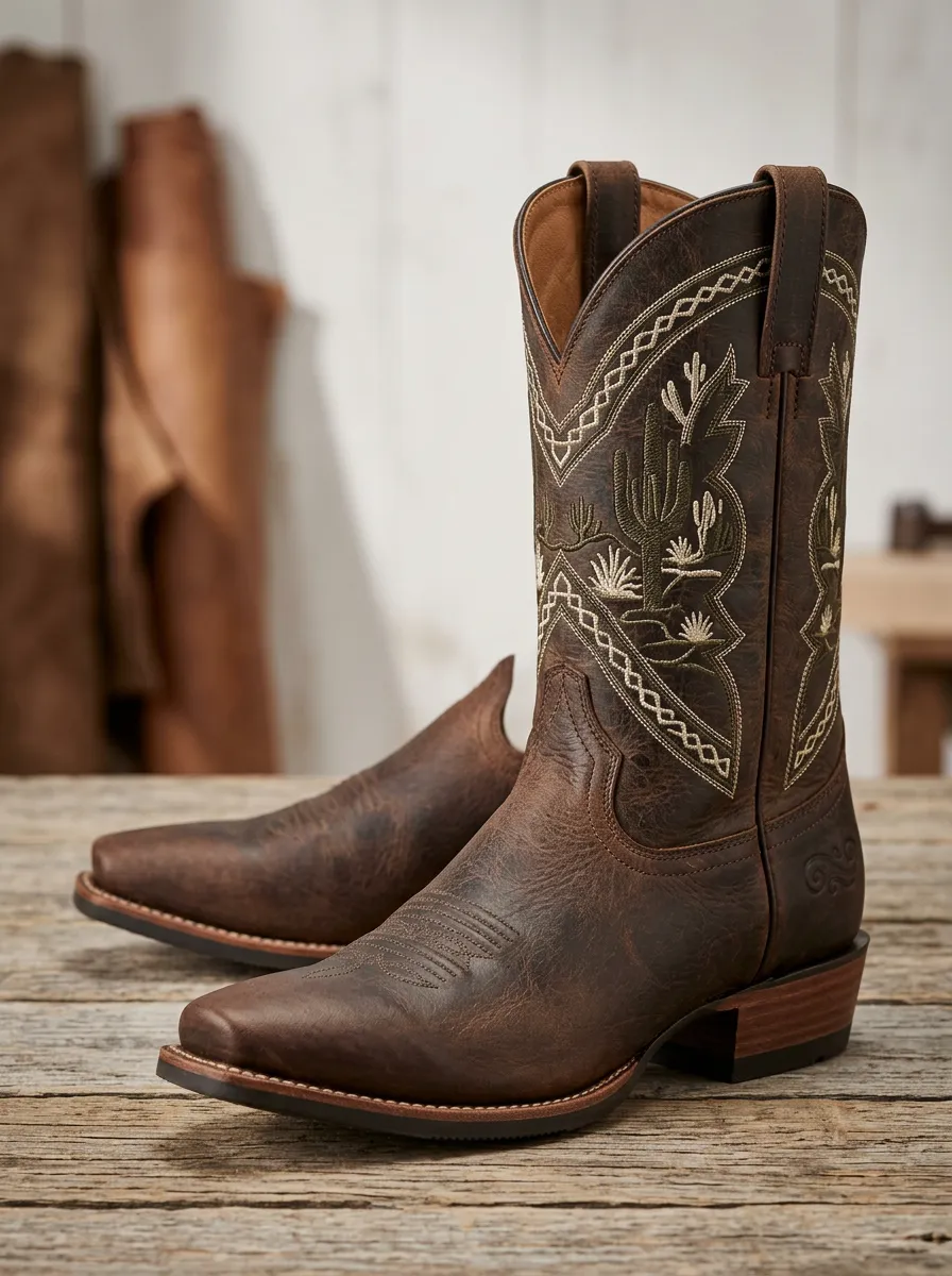 Men's Western Cowboy Cactus Embroidered Cowboy Boots
