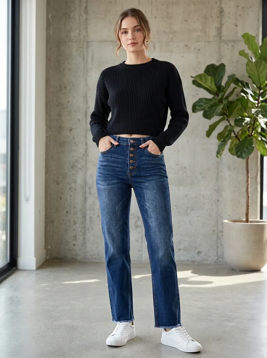 Women's High-Waisted Button-Fly Raw Hem Denim Jeans