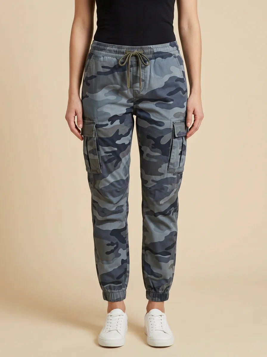 Women's Camouflage Mid-Rise Elastic-Waist Drawstring Flap-Pocket Faux-Fly Cargo Joggers