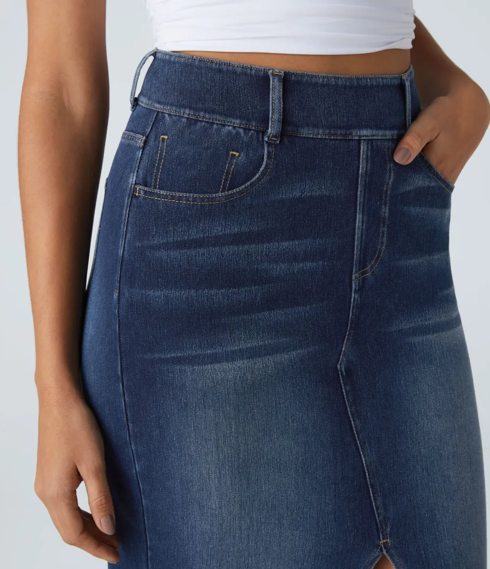 Magic High Waisted Multiple Pockets Bodycon Split Washed Stretchy Knit Denim Casual Midi Skirt