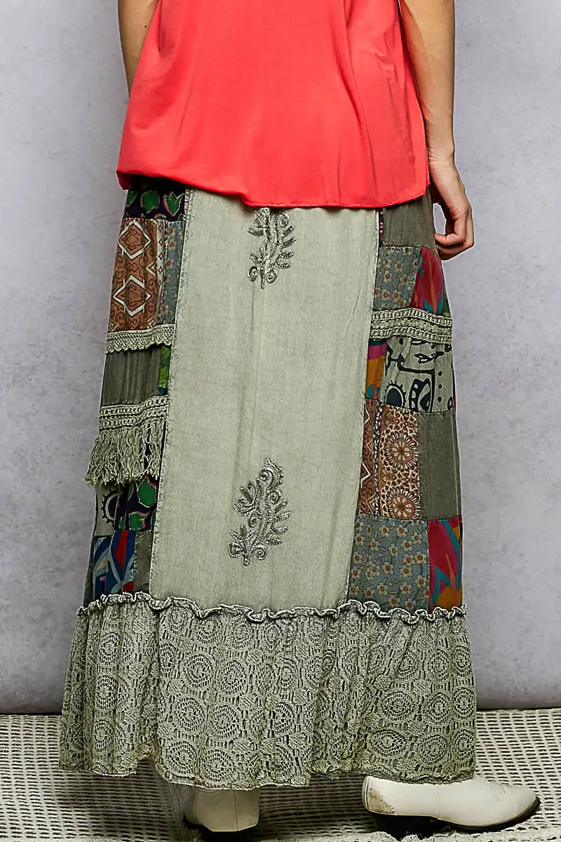 Printed Patchwork Embroidered Ruffled Skirt Maxi