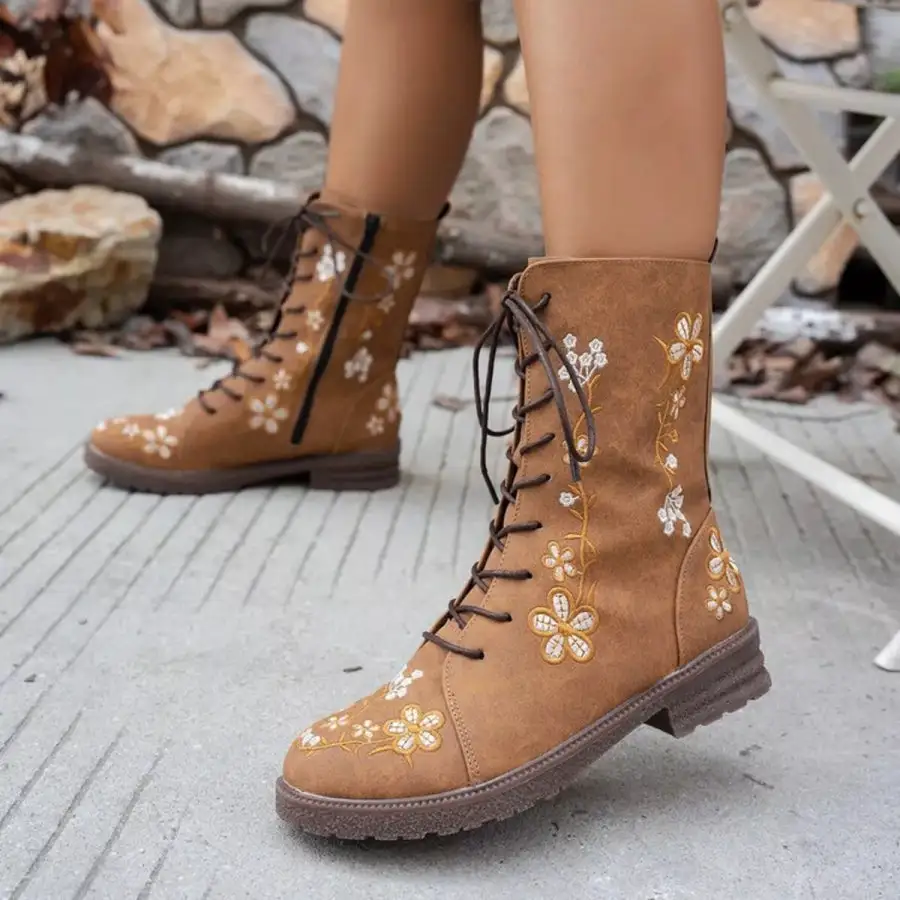 Textured Round Toe Block Heels Boots