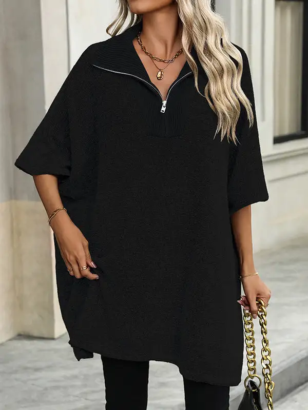 Paneled Zip Detail V-Neck Elbow Sleeve Relaxed Fit Sweater