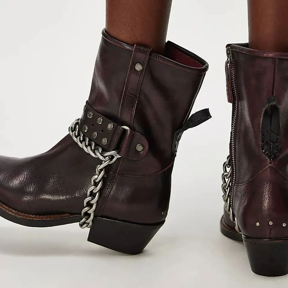 Faux-Leather Studded Chain-Detail Zip-Up Western Boots