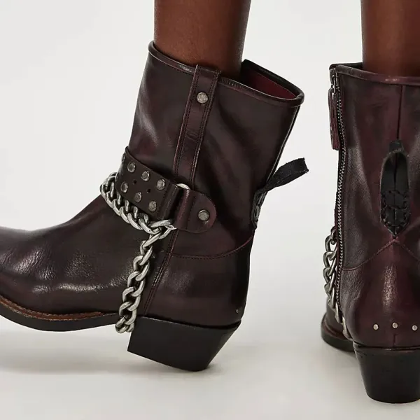Faux-Leather Studded Chain-Detail Zip-Up Western Boots