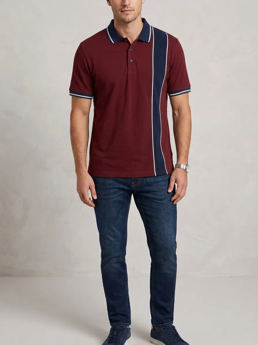 Men's Heather Grey Navy Side Panel Tipped Polo Shirt