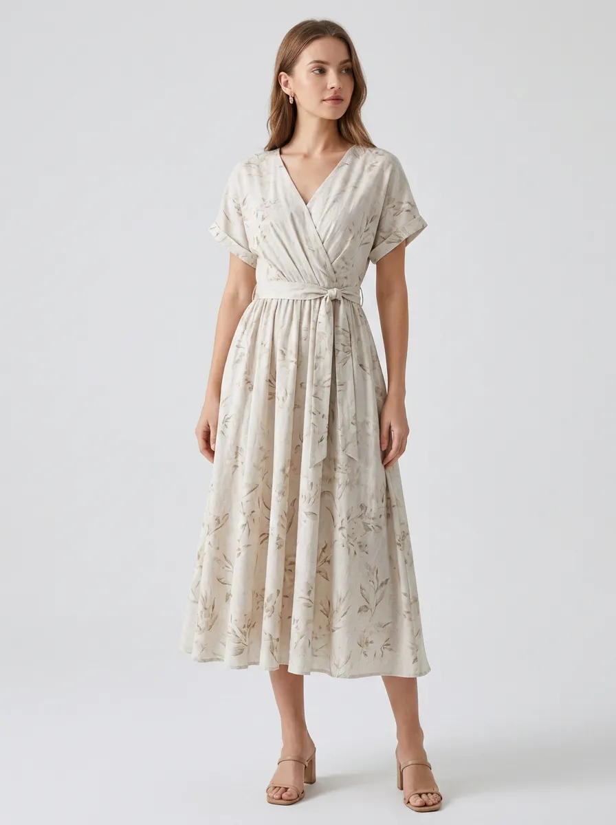 Women's Casual Botanical Beige Leaf Printed Wrap Dress