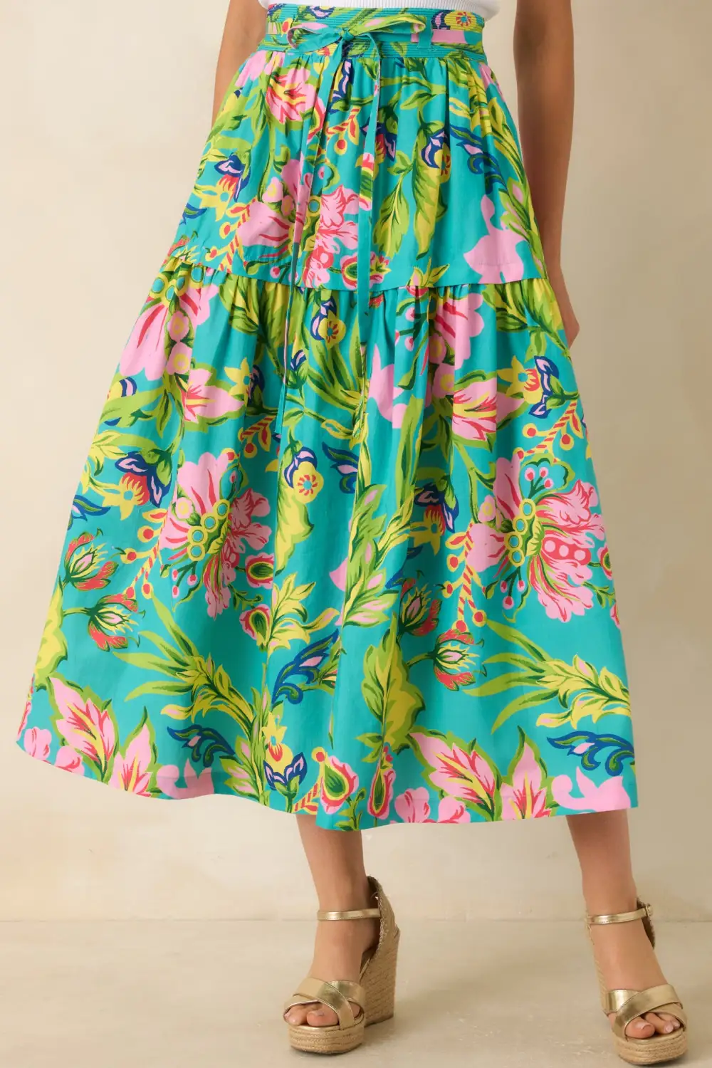 Jade Tropical Floral Cotton Midi Skirt