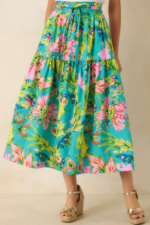 Jade Tropical Floral Cotton Midi Skirt