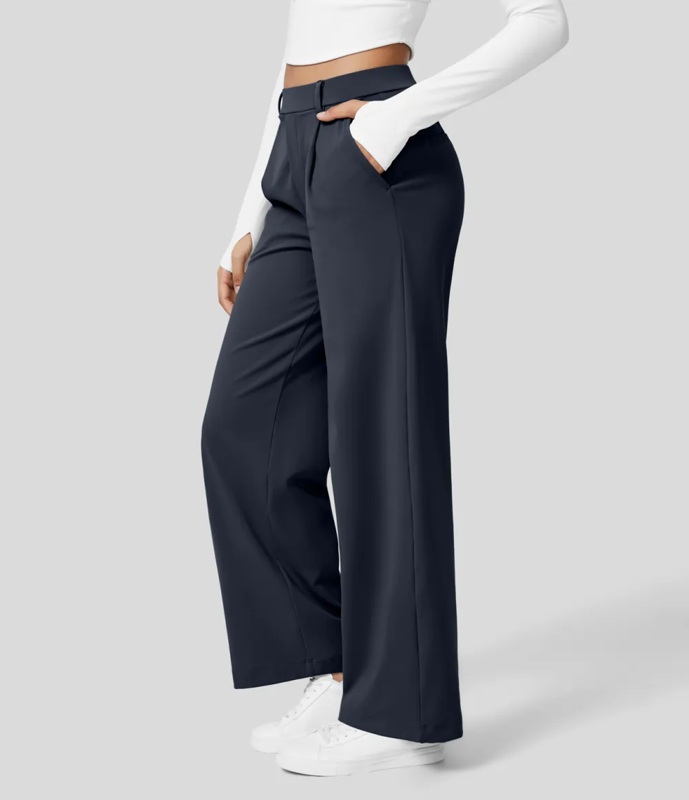 2026🔥  High Waisted Plicated Side Pocket Straight Leg Work Pants
