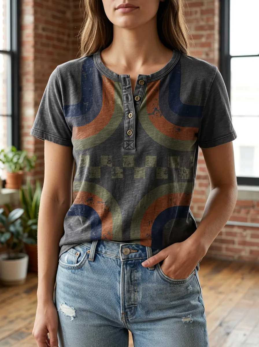Women's Retro Geometric Rainbow Printed Henley T-shirt