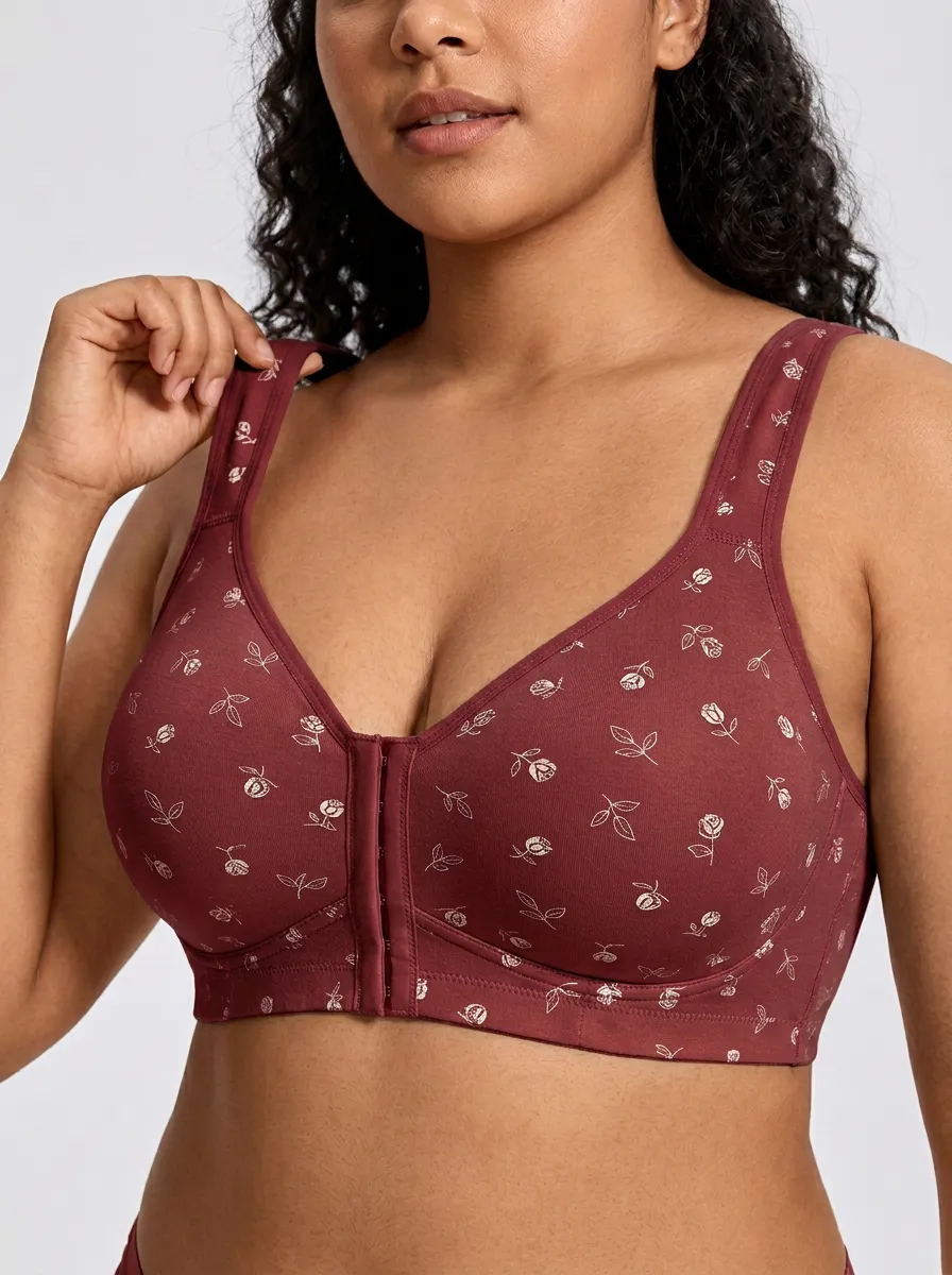 Women's Plus Size Beige Rose Floral Front-Closure Full-Coverage Wireless Bra
