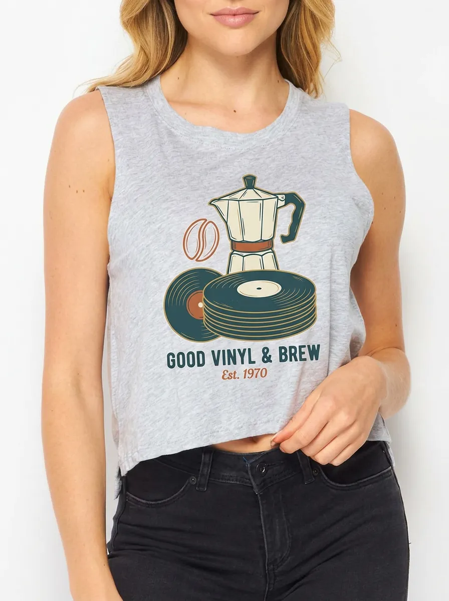 Women's Coffee Vinyl Music Lover Moka Pot Printed Crop Tank Top