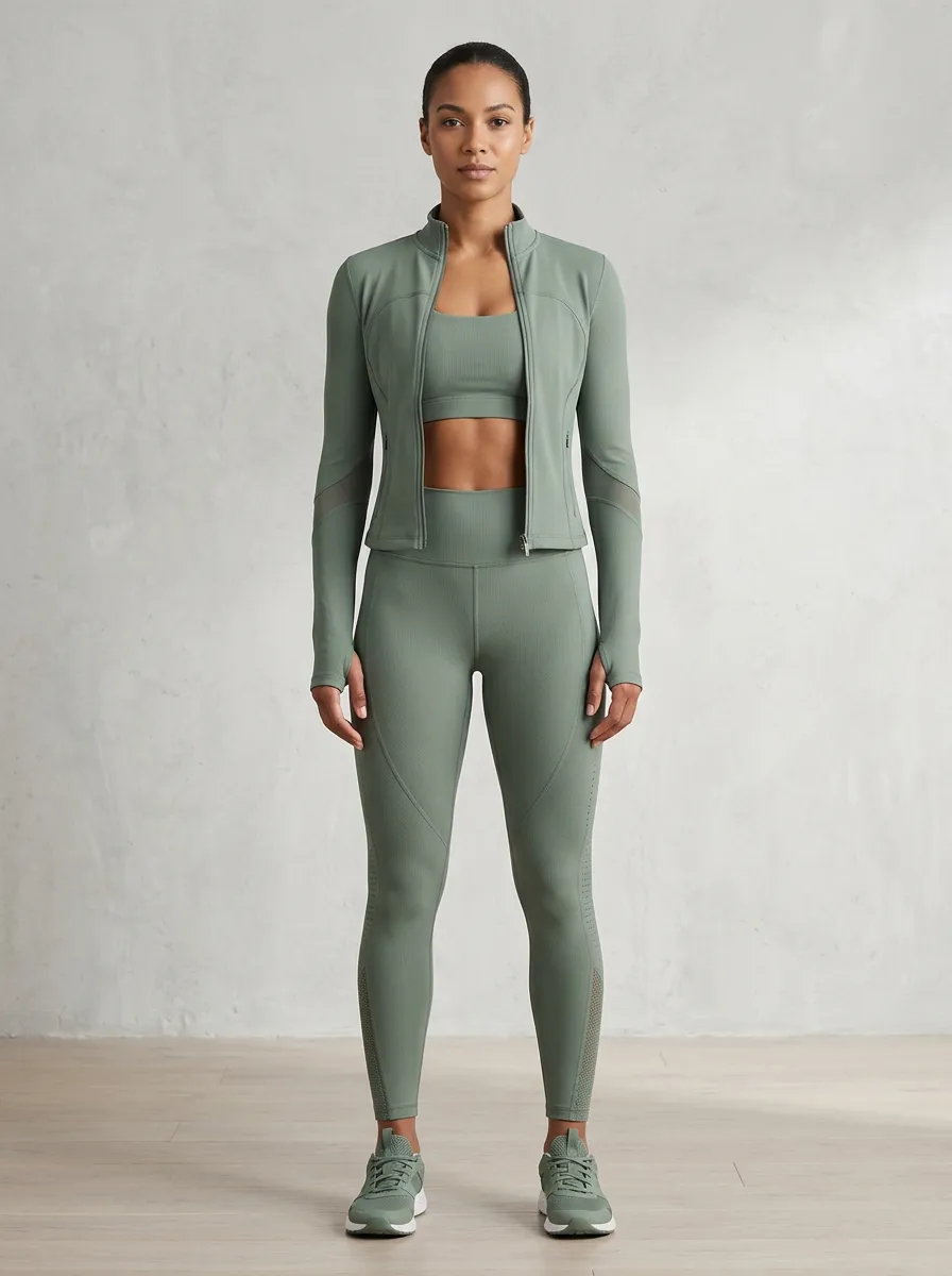 Performance-Inspired Ribbed Texture Seamless Design Sport Look Women's Three Piece Activewear Set