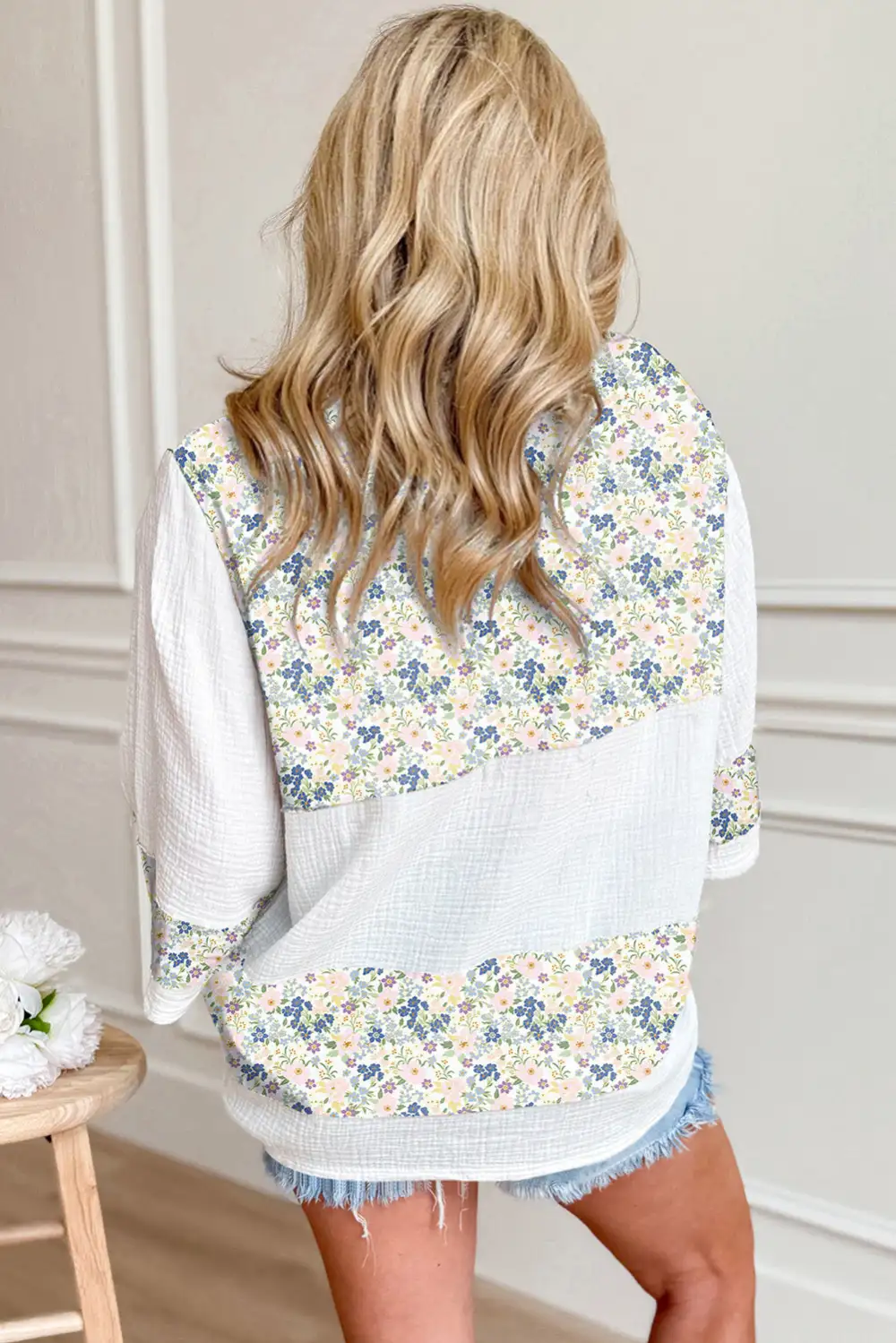 Sky Blue Floral Print Gauze Patchwork Henley Button 3/4 Sleeve Blouse