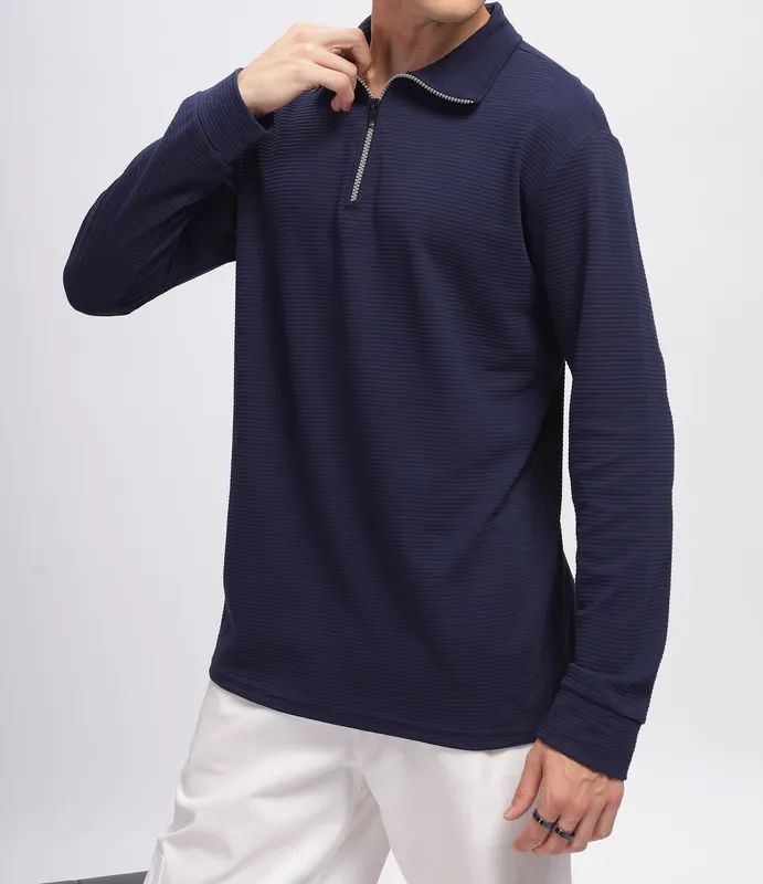Navy Blue Ribbed Quarter-Zip Henley Shirt
