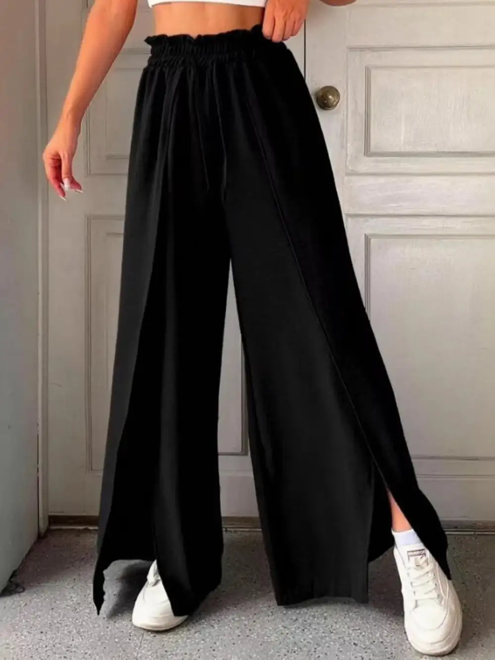 Wide Leg Slit Detail Ruffle Detail Everyday Pants