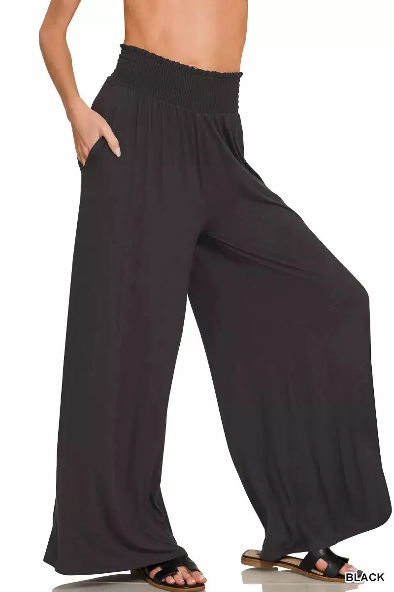 Textured Smocked Waist Wide Leg Palazzo Pants