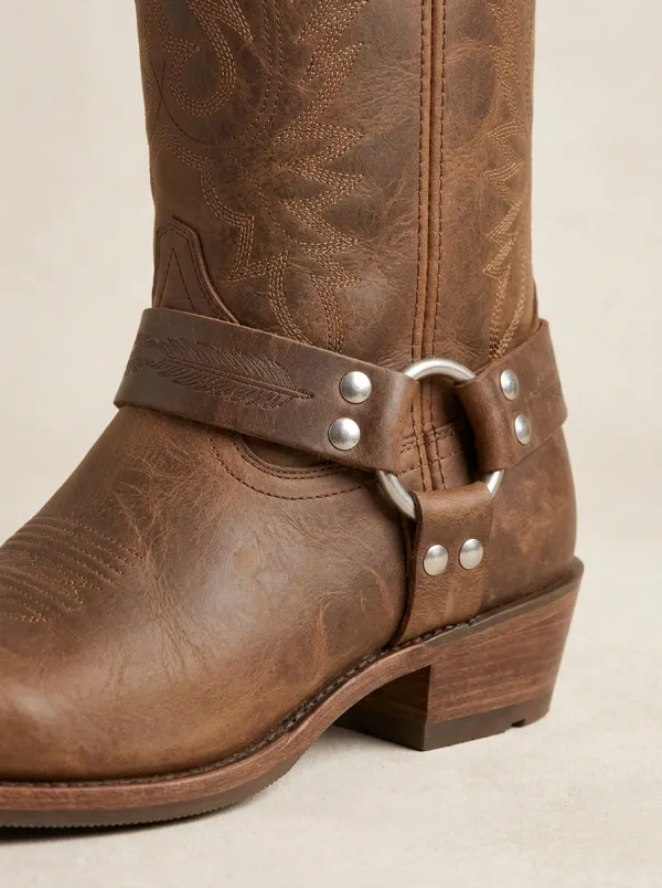 Men's Western Cowboy Brown Leather Embroidered Harness Boots