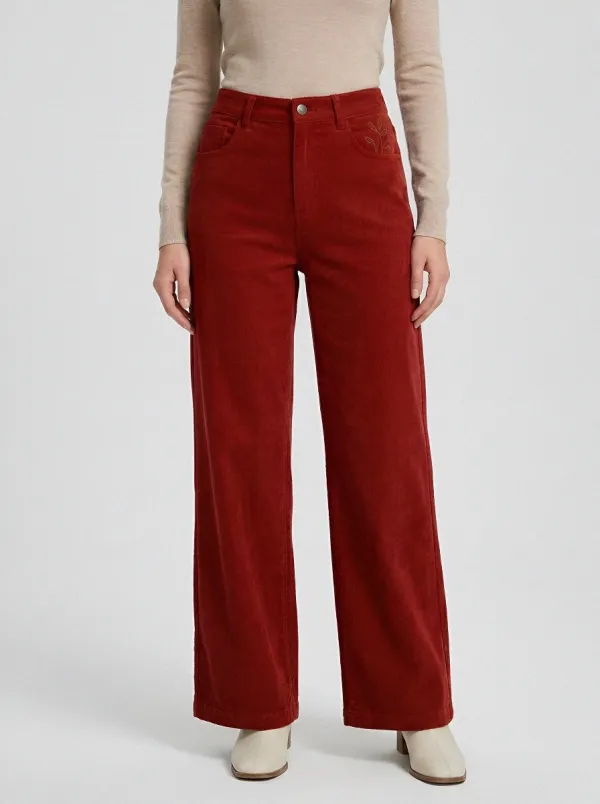 Women's Pocket Embroidered Leaf Wide-Leg Corduroy Pants