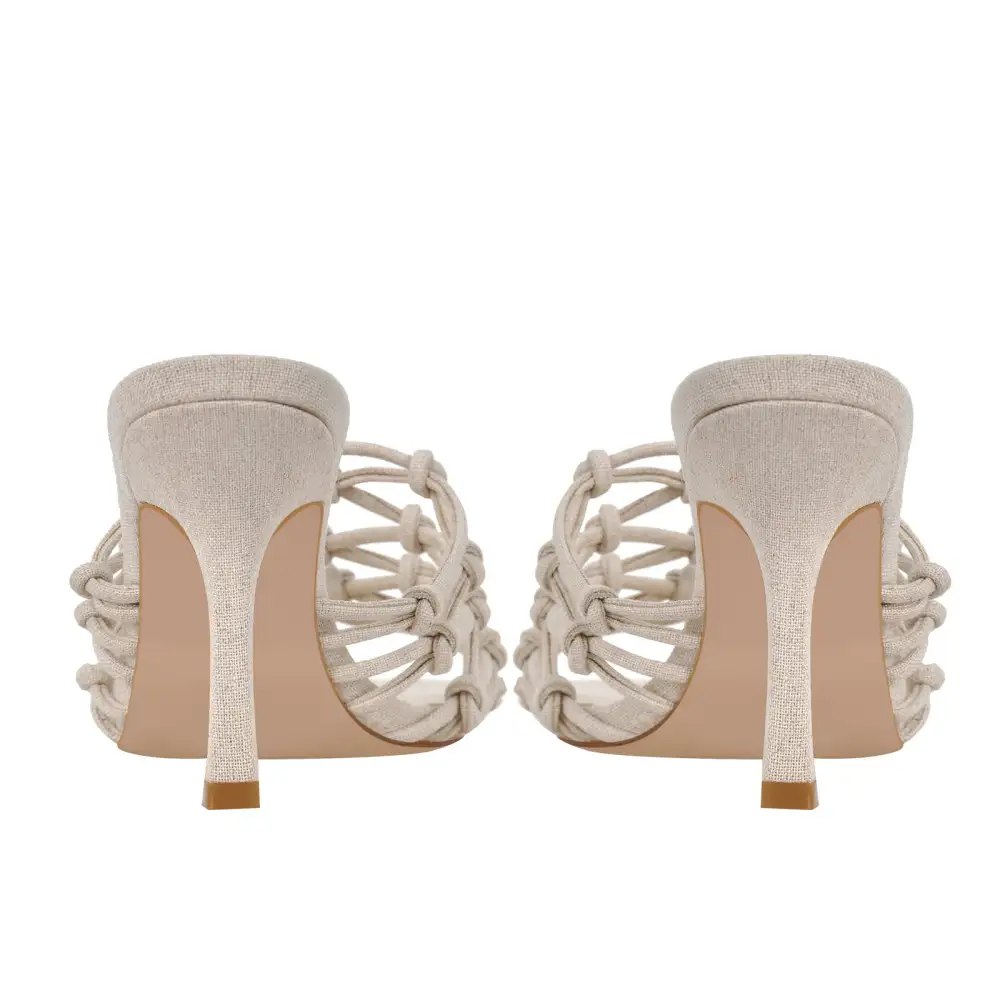 Linen Weave Square Open Toe High Heel Mule Sandals