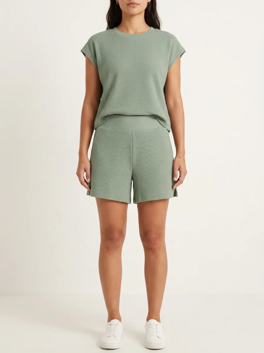 Women's Classic Waffle Textured Lounge Inspired T-Shirt and Shorts Active Set