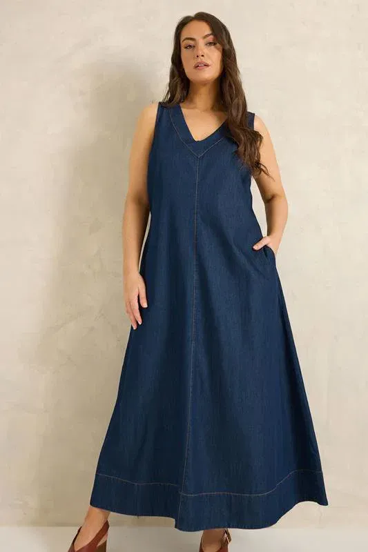 Indigo Blue Sleeveless Cotton Denim Dress