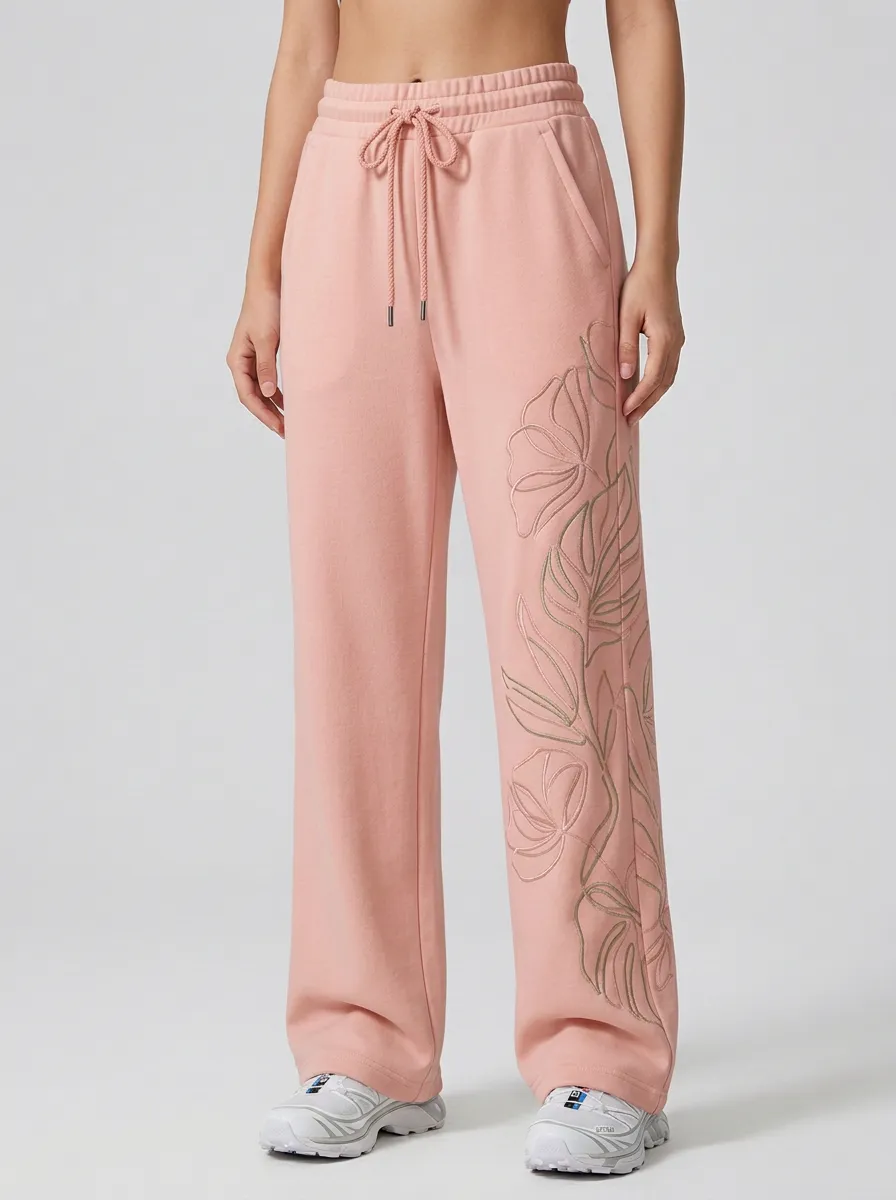Women's Off-White Botanical Embroidery Wide-Leg Sweatpants
