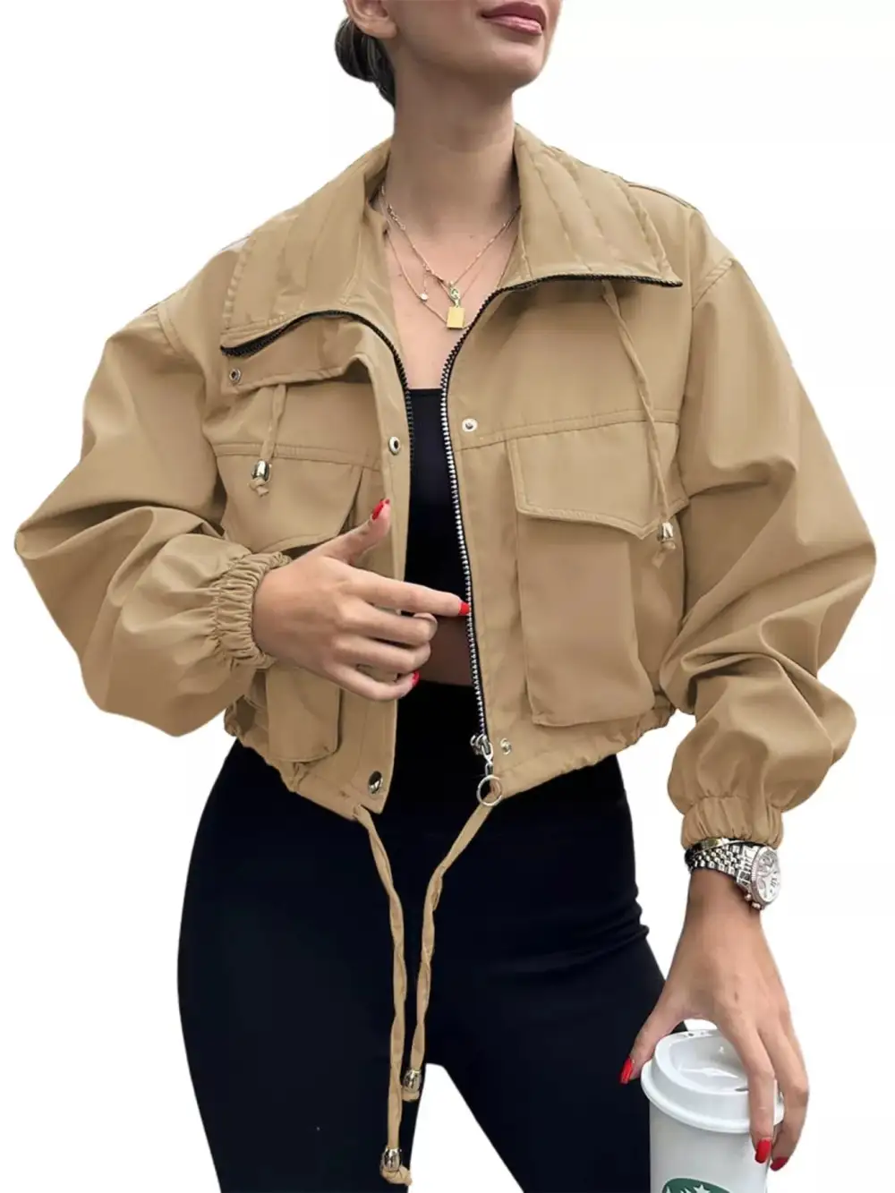Drawstring Hem Zip Up Jacket