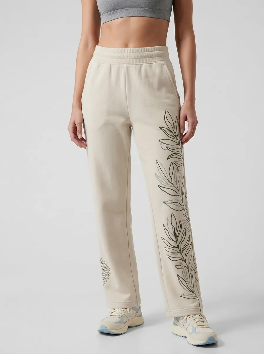Women's Beige Botanical Embroidered Sweatpants