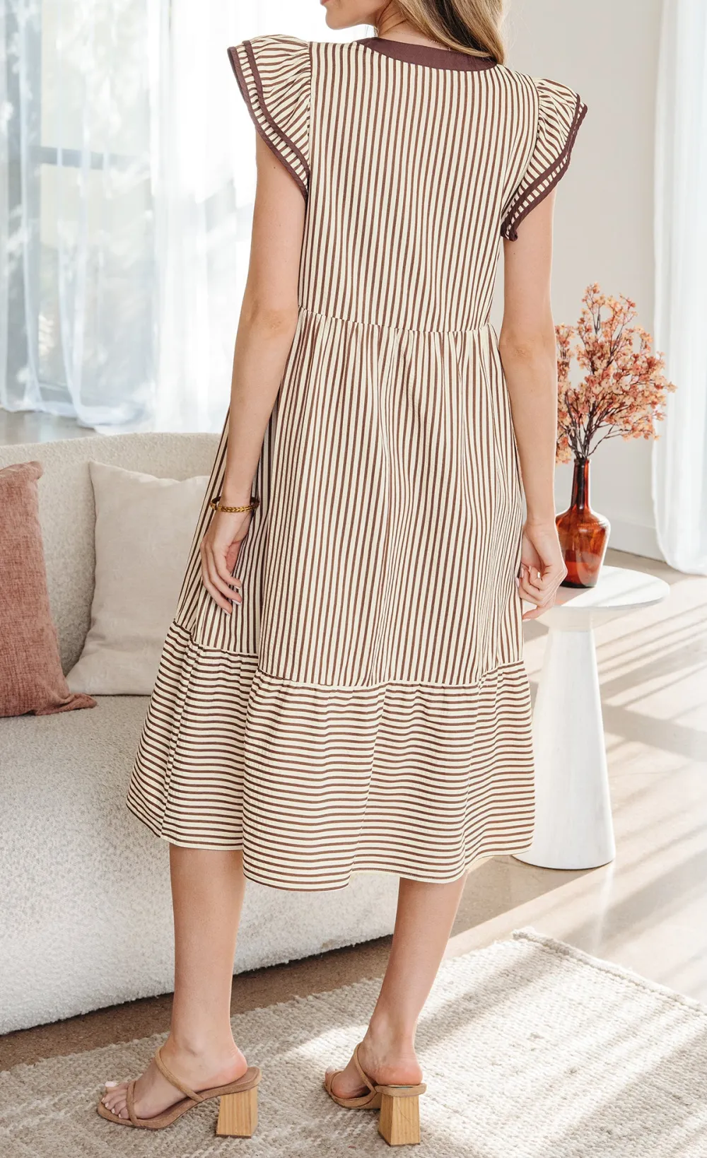 Double Ruffled Short Sleeve Contrast Trim V Neck Midi Dress