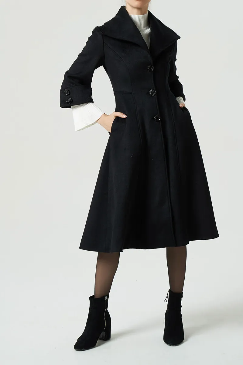 Wool Blend Tailored Lapel Collar Pocketed Midi Coat