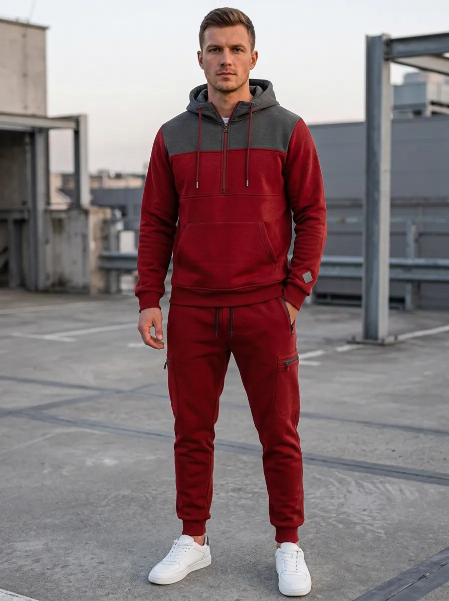 Men's Classic Quarter-Zip Colorblock Sport Inspired Hoodie and Jogger Set