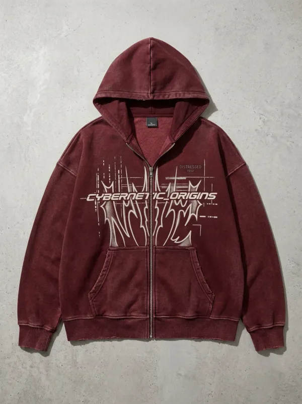 Unisex Streetwear Cybernetic Origins Distressed Printed Zip-up Hoodie