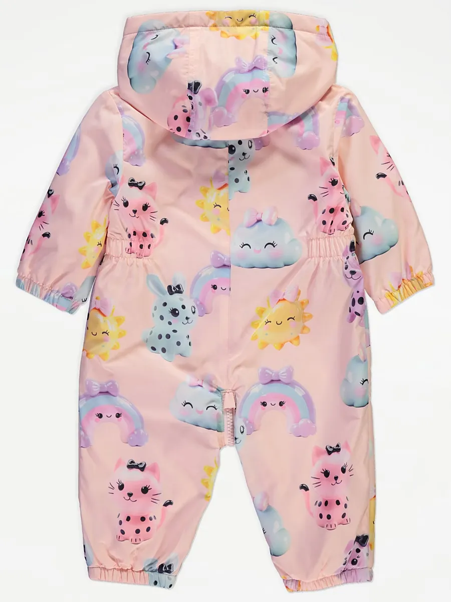 Pink Cute Fleece Lined Hooded Puddle Suit
