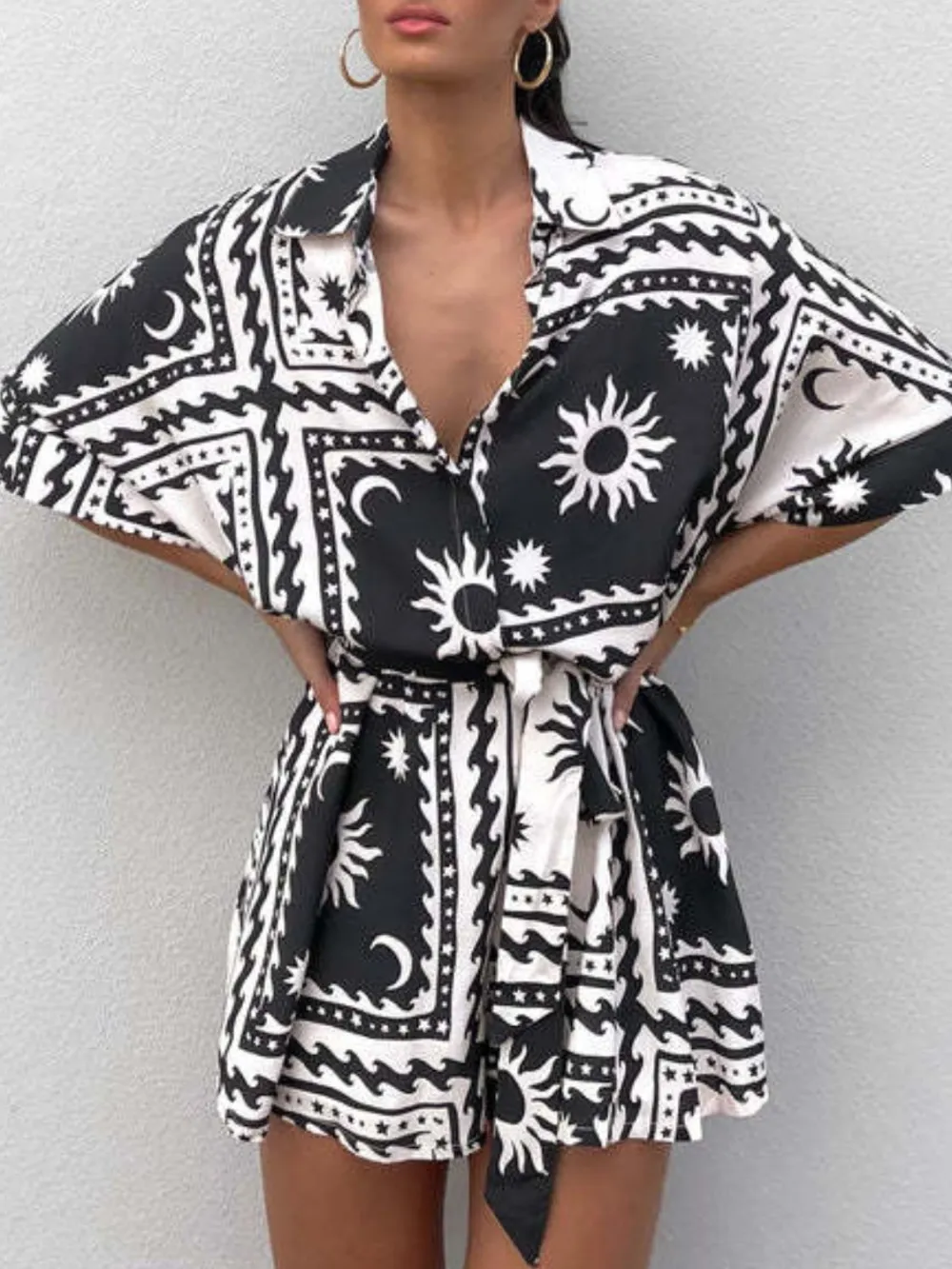 Tie Waist Half Sleeve Romper