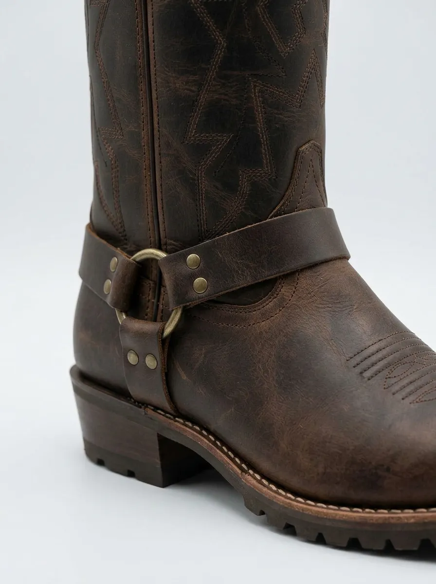 Men's Western Cowboy Brown Leather Harness Stitched Boots