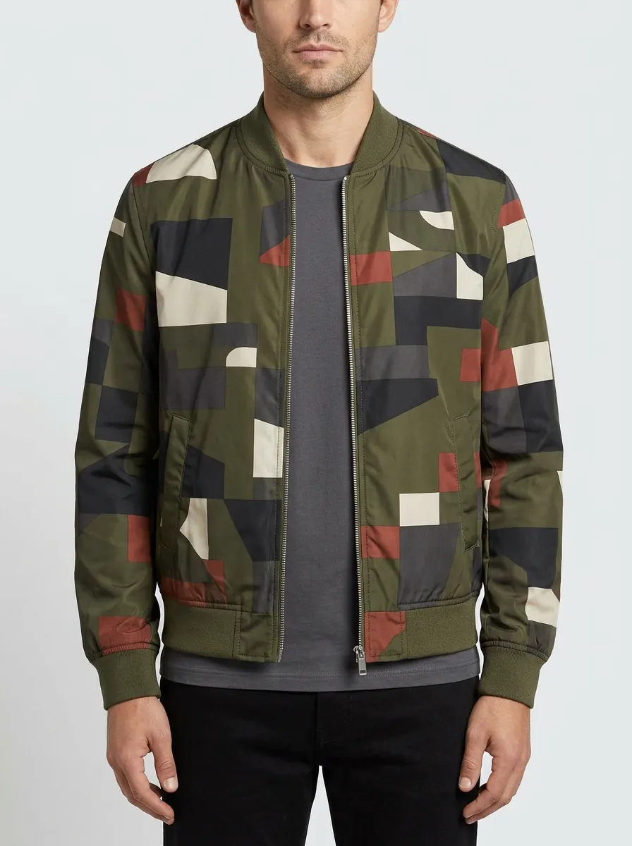 Geometric Print Metal Zip Bomber Jacket
