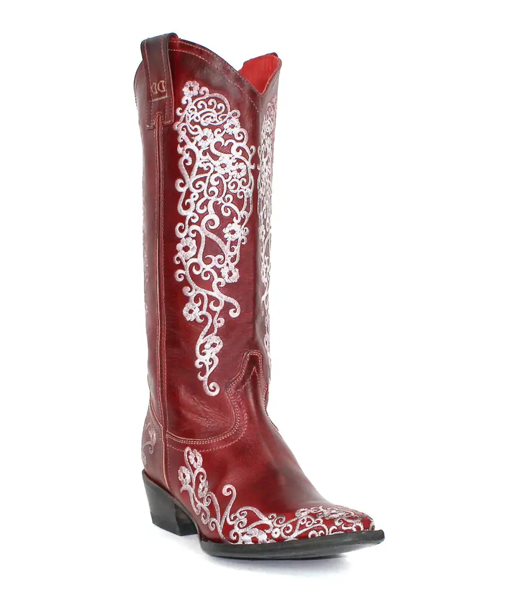 Floral-Stitched Slip-On Western Boots