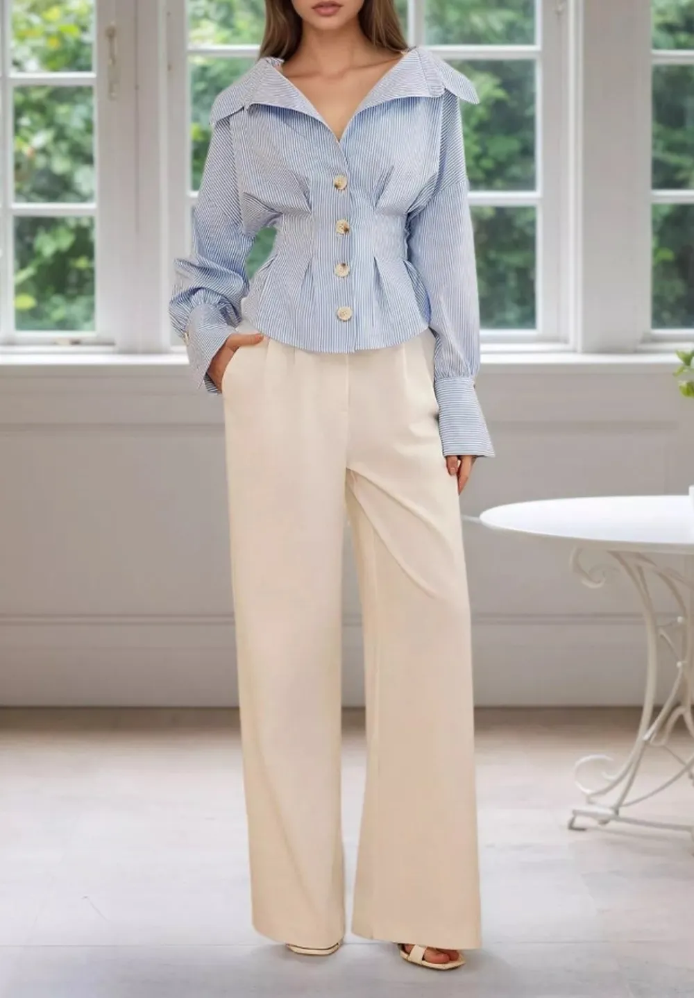 Long-Sleeve Denim Velvet Striped Shirt