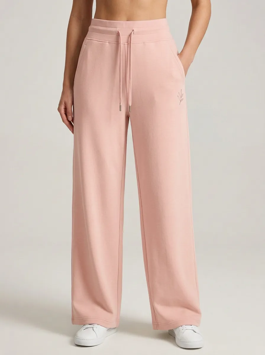 Women's Relaxed Minimalist Beige Leaf Embroidered Sweatpants