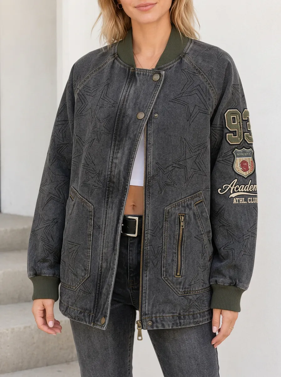 Women's Academy Star Pattern Printed Denim Bomber Jacket