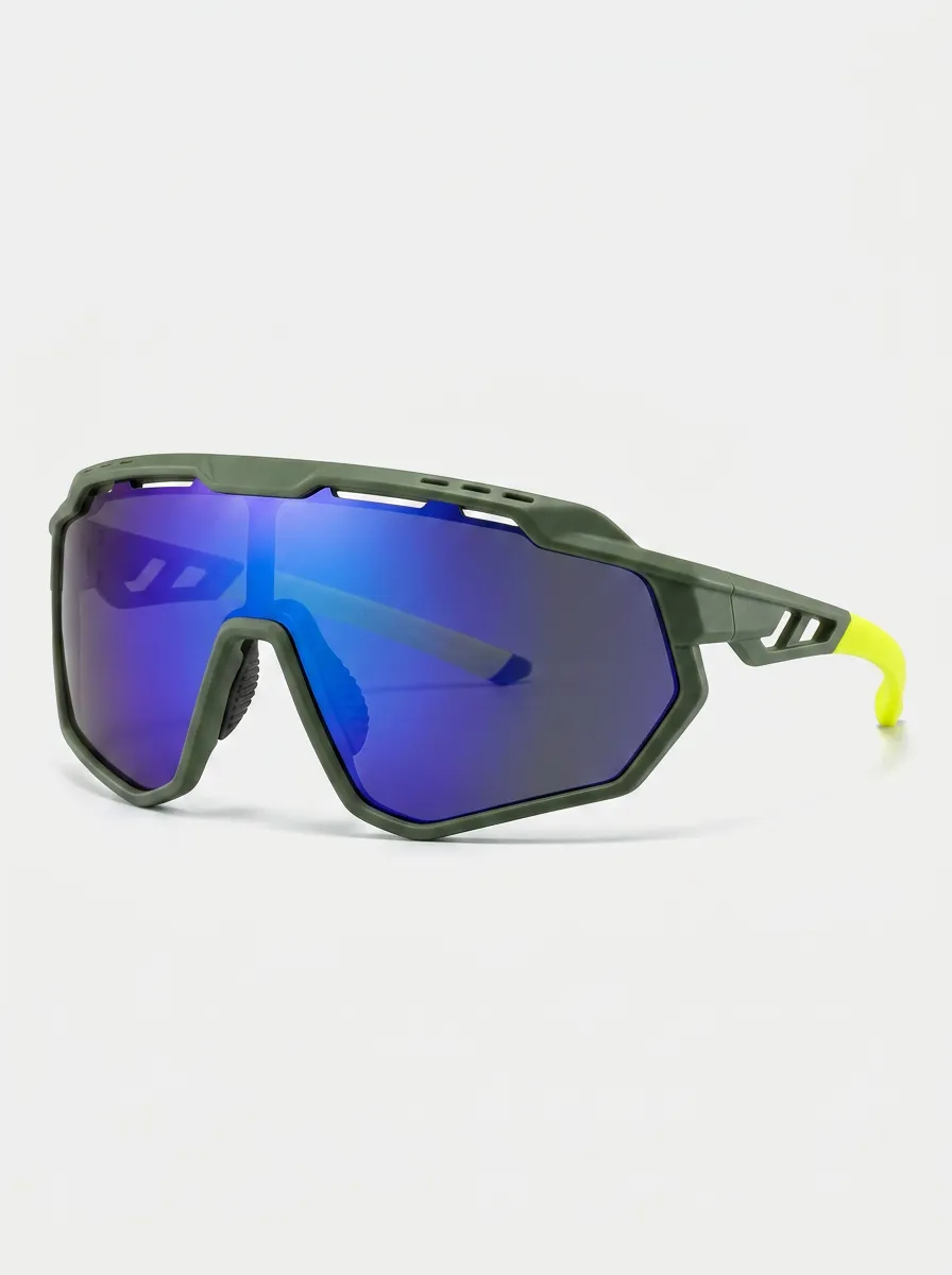 Men's Sport Cycling Olive Green Blue Mirror Lens Sunglasses