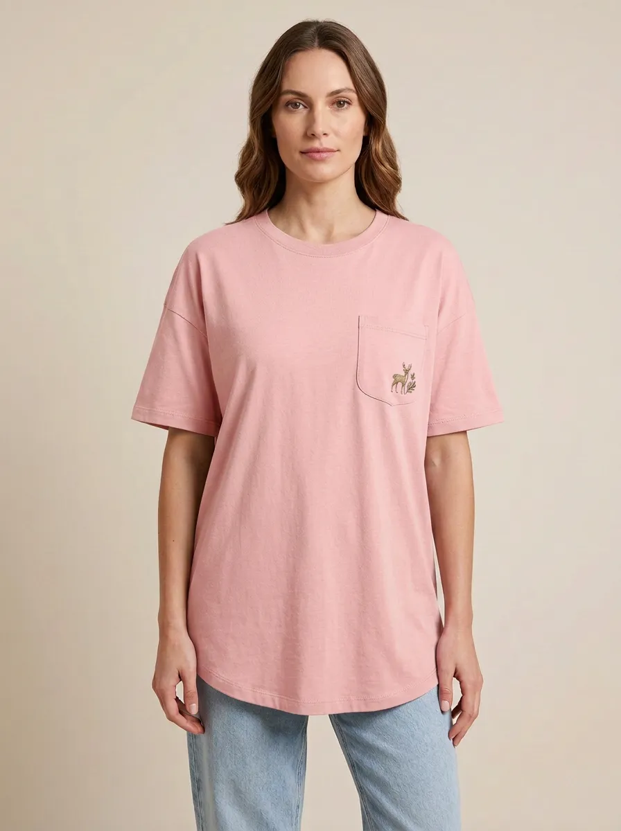 Women's Deer Embroidered Pocket Crewneck T-Shirt
