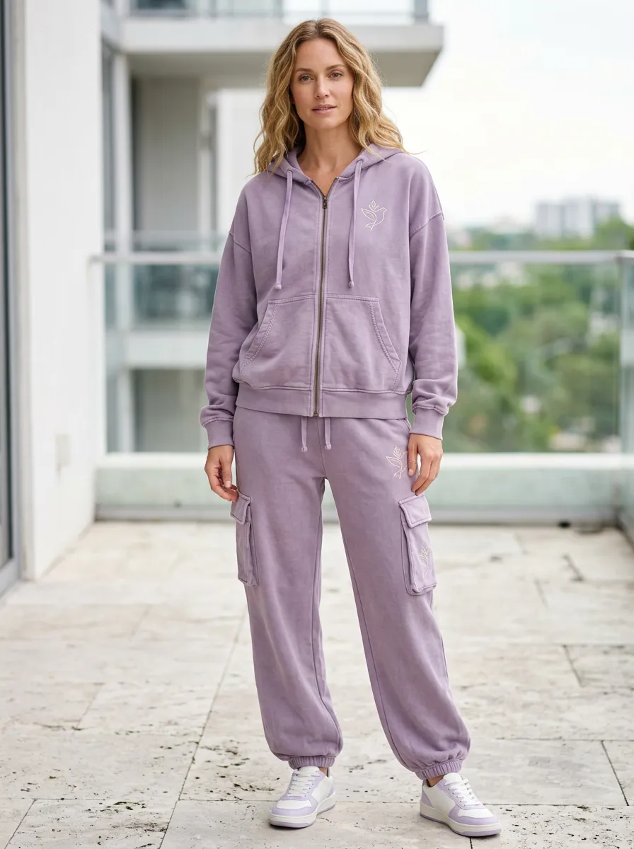 Women's Minimalist Dove Logo Printed Zip-up Hoodie Cargo Jogger Set