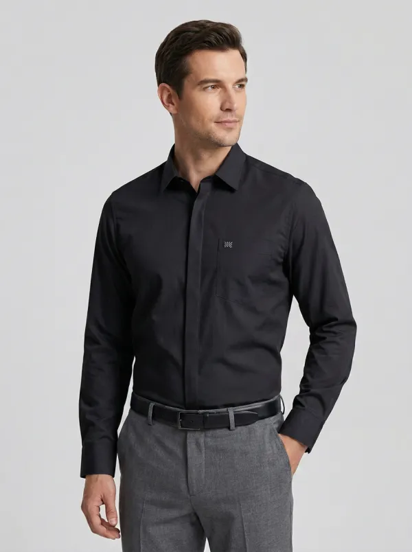 Men's Non-Iron Cotton Light Blue Embroidered Logo Long Sleeve Shirt